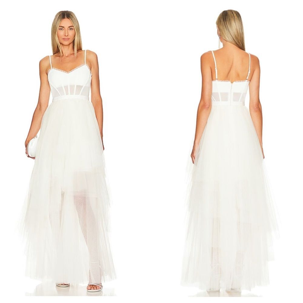 BCBGMAXAZRIA Oly Size 4 Tiered Ruffle Tulle Evening Gown Ivory/Gardenia